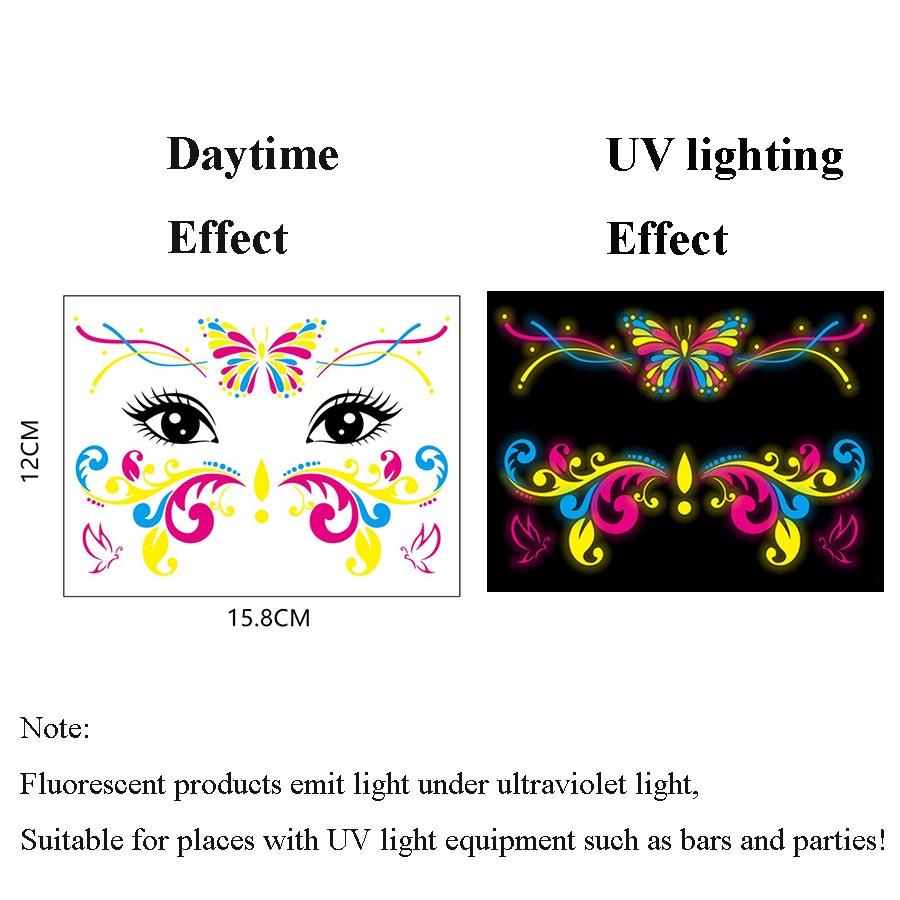 Face Tattoo Sticker Butterfly temporary tattoo Waterproof 4 Sheets UV Fluorescence Temporary For Women High Quality