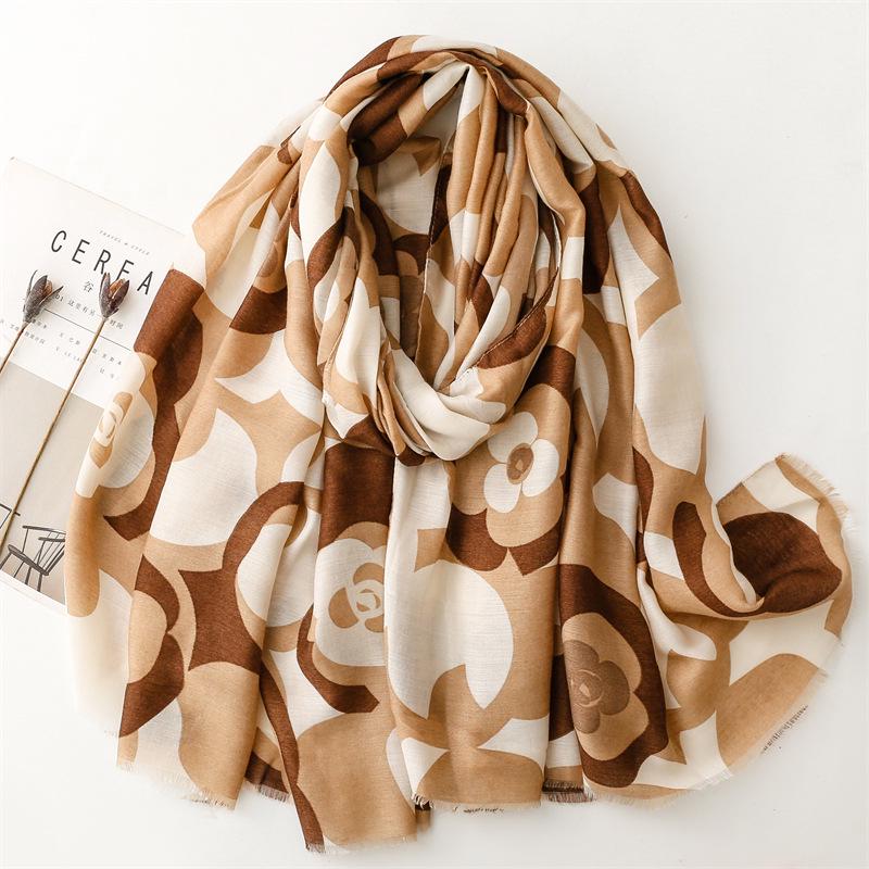 Khaki Camellia Silk and Cotton Scarf: Warm Autumn/Winter Shawl for Women