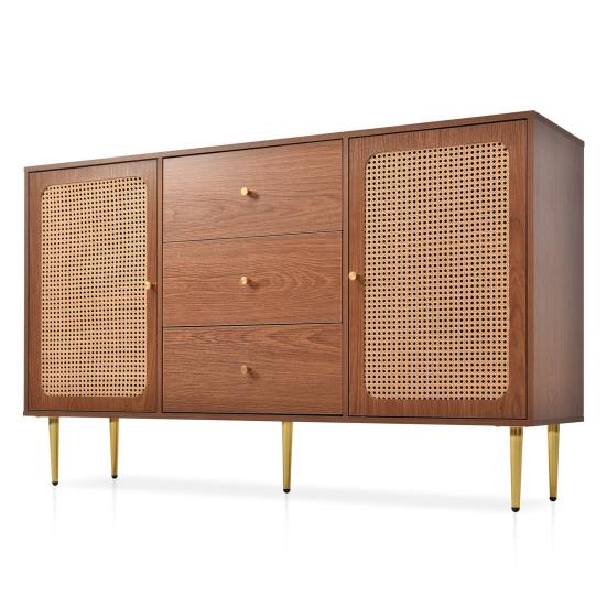 Kitchen Pantry Spacious Countertop Cupboard with 2 Rattan Doors 3 Drawers Metal Cabinet Legs
