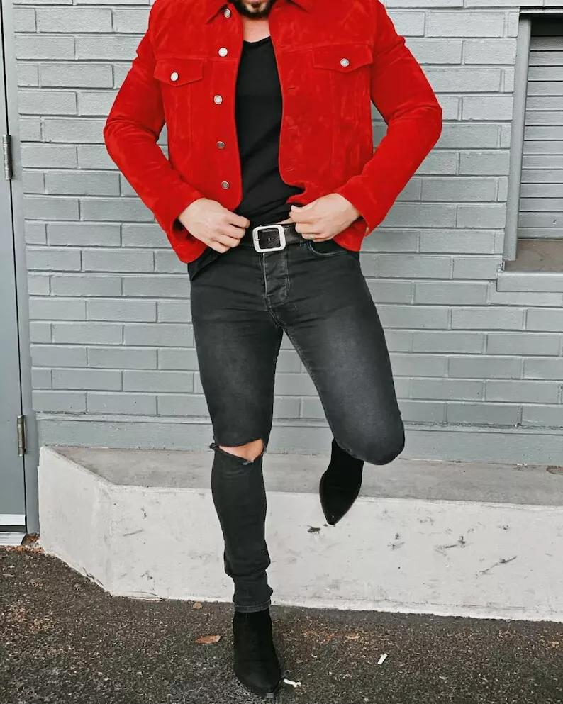 Дизайнерская вечерняя красная куртка из овчины ручной работы из замши для мужчин из натуральной кожи, стильная