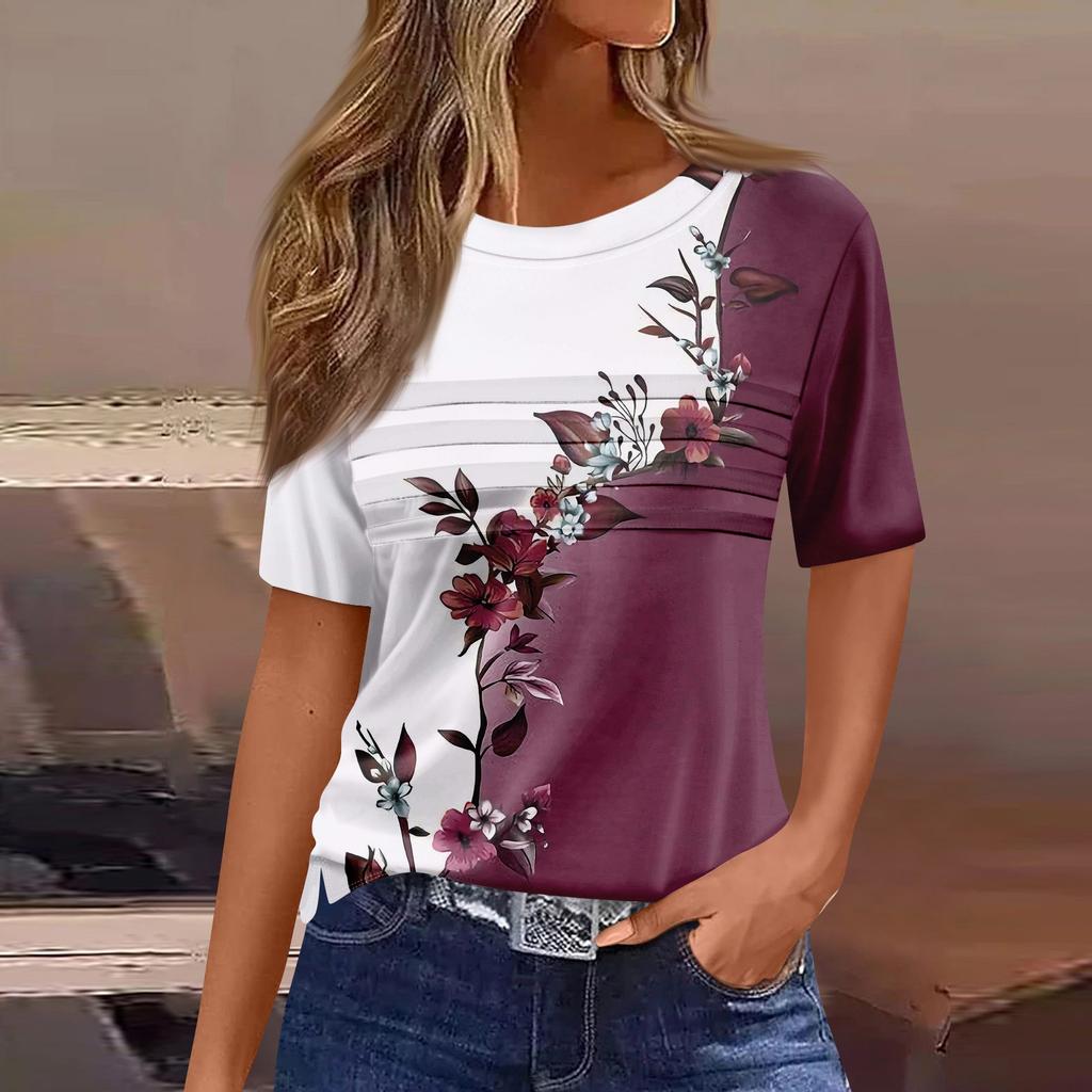 Футболки для женщин, плиссированные, с круглым вырезом, нарядные, повседневные, блузки с принтом, с коротким рукавом, летние топы, свободный крой