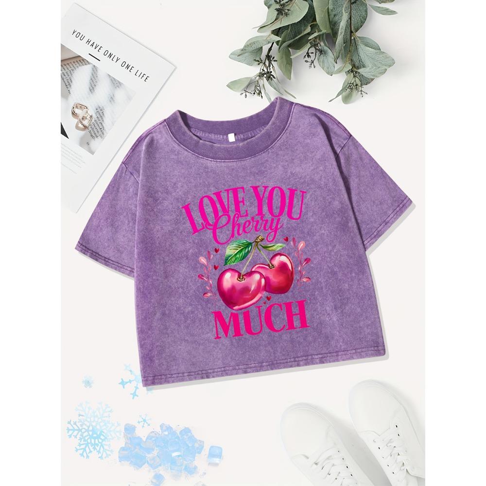 Casual Cotton Crop Tops Womens Love You Cherry Much Printing Washed T-Shirts Street Regular Fit  Sexy Clothes