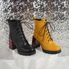 Большие размеры 43 44 Черный Желтый Дизайн Мода Осень Зима Винтаж Броги Платформа Шнуровка Мотоциклетные Ботильоны Принт Каблуки Новые