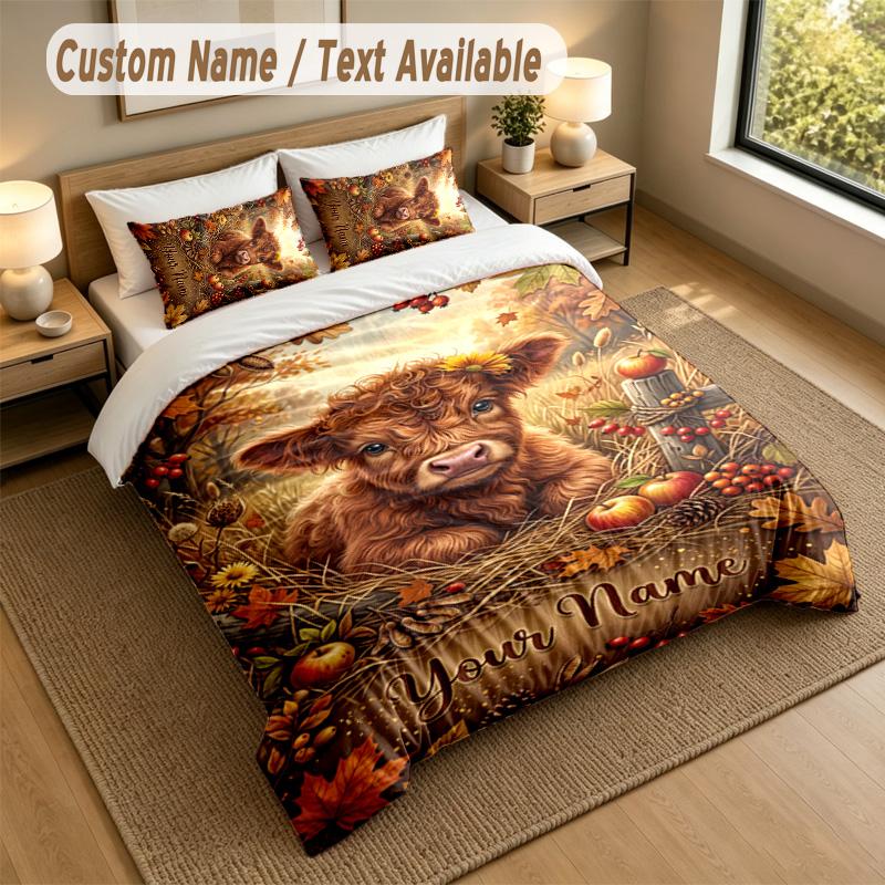 Cow Highland Theme Personalized 3Pcs Bedding Set Custom Text & Name 1 Sheet 2 Pillowcases Household Bedding 1pc