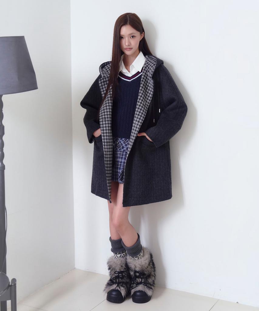 THE GREEN LAB Check Color Block Hooded Half Coat [Charcoal Gray]
