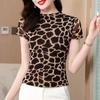 Рубашка с сетчатым низом, женский топ с короткими рукавами, новая летняя футболка с круглым вырезом, эластичная тонкая блузка с принтом