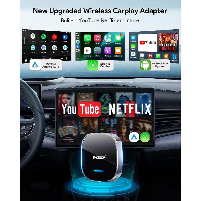 Стриминг Netflix YouTube с автоподключением за 3 секунды – Беспроводной адаптер CarPlay/Android Auto, 5,8 ГГц Wi-Fi с нулевой задержкой, USB-A/C, Plug and Play