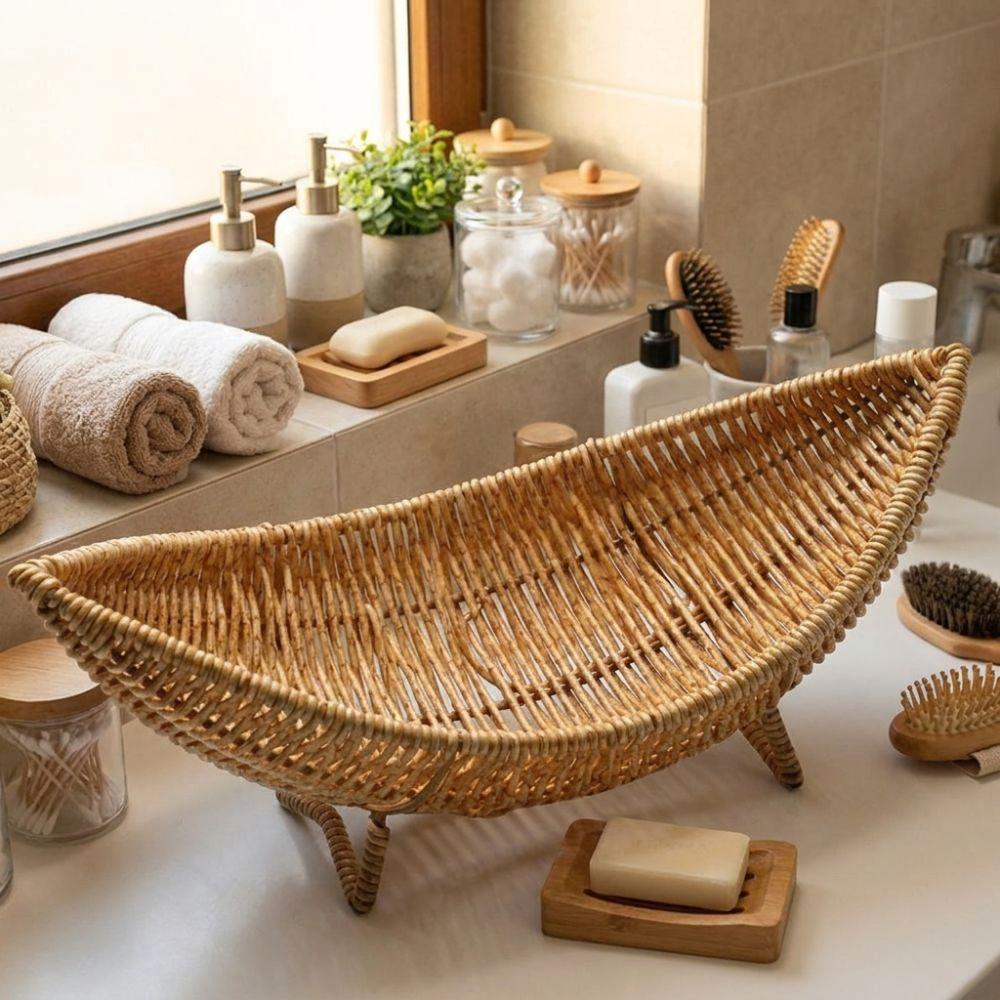 Large Capacity Plastic Hand-Woven Basket Hollow Drain Camping Tray Desktop Organizer Picnic Use