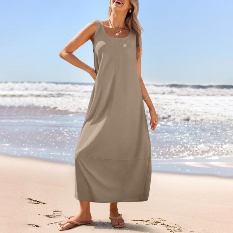 Summer Women's Casual Loose Sleeveless Round Neck Sundress Long Beach Dress