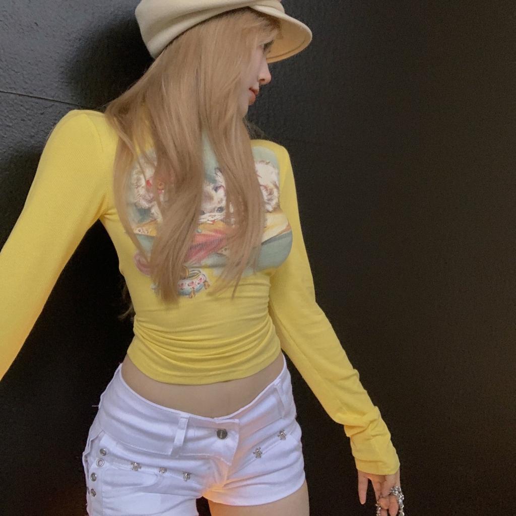 Милые сексуальные кавайные футболки с принтом кота, женские винтажные короткие футболки с полувысоким воротником Y2k, укороченные топы с тонкой талией, узкие желтые футболки