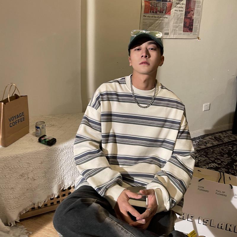 Мужской модный пуловер в полоску с цветными блоками - повседневная толстовка свободного кроя с круглым вырезом для весны и осени.