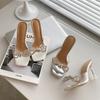Summer High Heels New Transparent One-word Sandals Rhinestone Bow Summer Wear Women's High-heeled Slippers