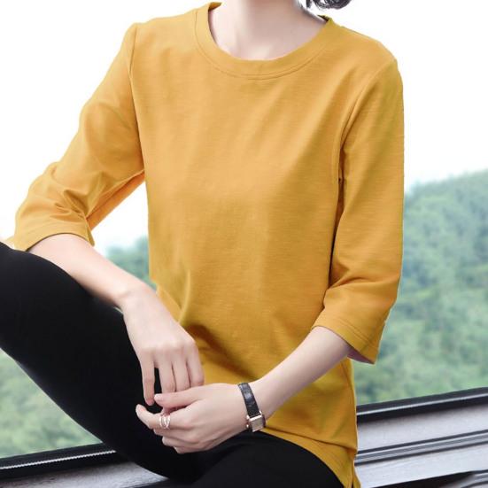 Women Tops O-Neck 3/4 Sleeve Solid Color Elastic Pullover Tops Regular Fit Summer T-shirt Daily Wear