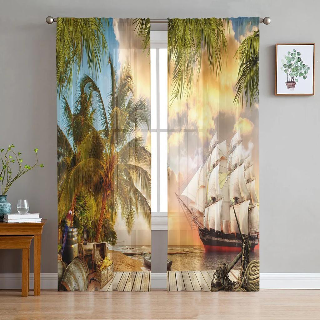 Modern Sheer Curtains Summer Beach Palm Trees Living Room Kitchen Children's Room Decoration Household Chiffon Window Curtains
