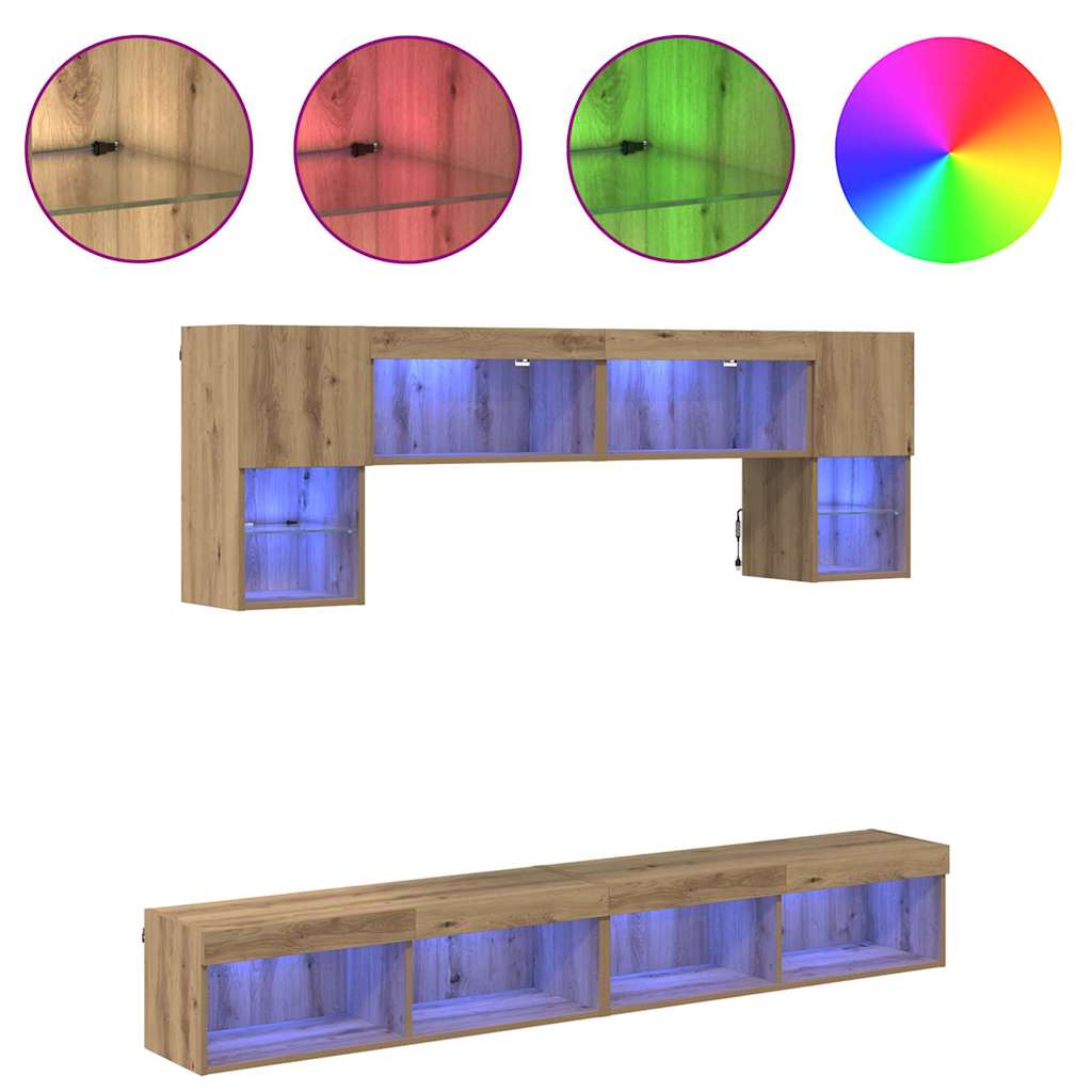 TV Wall Unit with LED Lighting 6 pcs Artisan Oak Wood Material