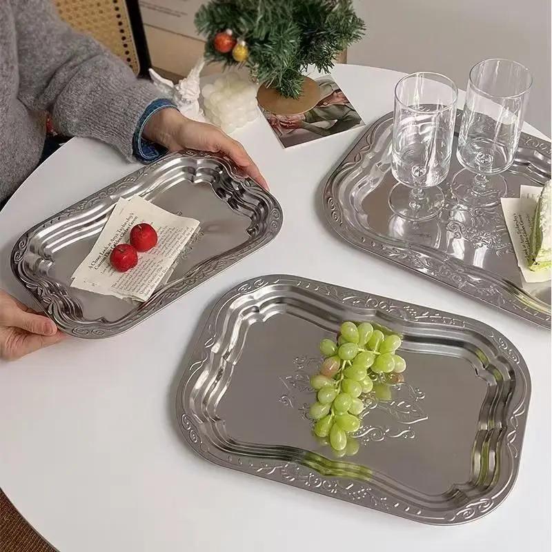 1 шт. Прямоугольный поднос из нержавеющей стали с тисненым дизайном для хранения на кухне, в гостиной, прочное блюдо для подачи фруктов, закусок, торта