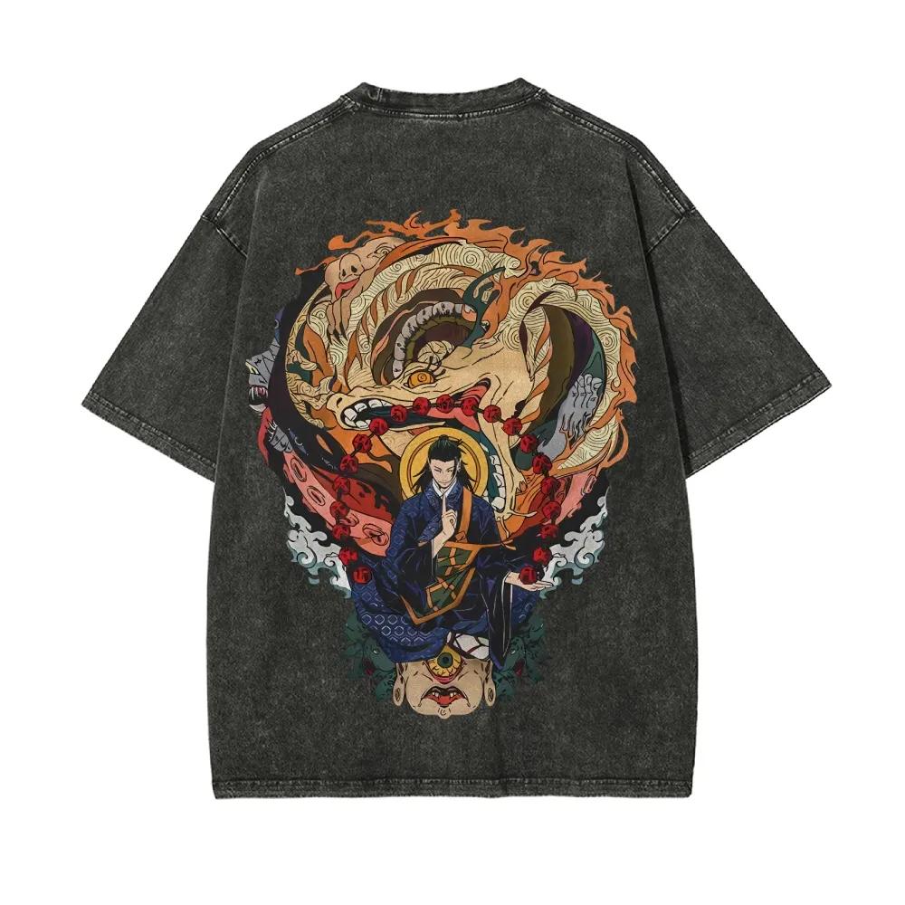 Suguru Geto T-shirt Jujutsu Kaisen Buddhist Art Tee Vintage Washed Oversized Retro Anime Graphic Harajuku Streetwear Men Top
