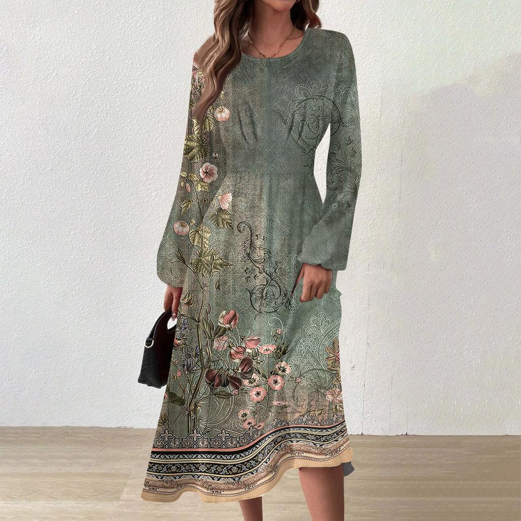 Женское осенне-зимнее повседневное модное платье с круглым вырезом и длинным рукавом с принтом