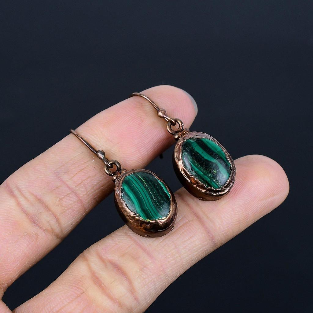 Серьги из малахита, Медные электроформованные украшения, Подарок для женщин, Серьги ручной работы, Украшения из драгоценных камней