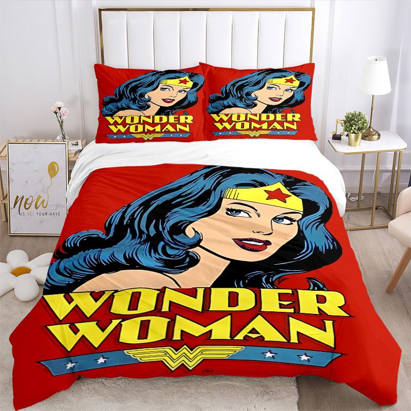 3pcs Wonder Woman Bedding Set, Soft Polyester Duvet Cover and Pillowcases Machine Washable Seasons all suitable & Guest Room Decor282
