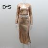 2 Pcs/Set Women Top Skirt Suit Shiny Sequin Long Sleeve O Neck Short Waist Exposed Top High Waist Split Slim Fit Club Party Midi Skirt Set