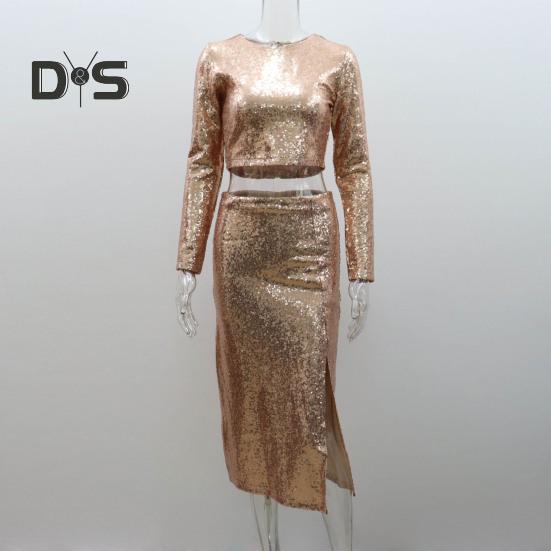 2 Pcs/Set Women Top Skirt Suit Shiny Sequin Long Sleeve O Neck Short Waist Exposed Top High Waist Split Slim Fit Club Party Midi Skirt Set