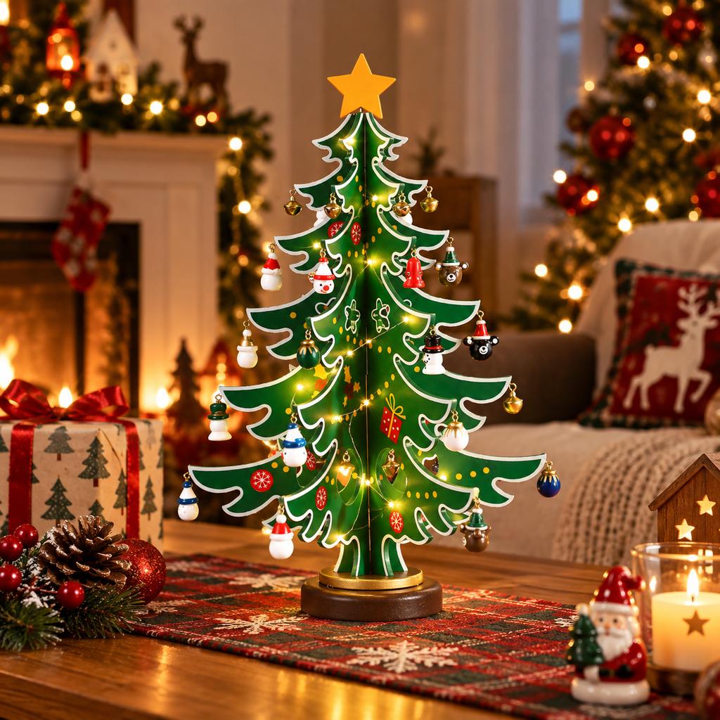 28cm Wooden Christmas Tree Advent Calendar LED Light Countdown DIY Blind Box Ornament Xmas Tabletop Home Decoration Gift