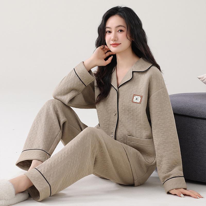 Pajamas women's spring and autumn thickened pure cotton long-sleeved autumn and winter air cotton interlayer thin padded loungewear set