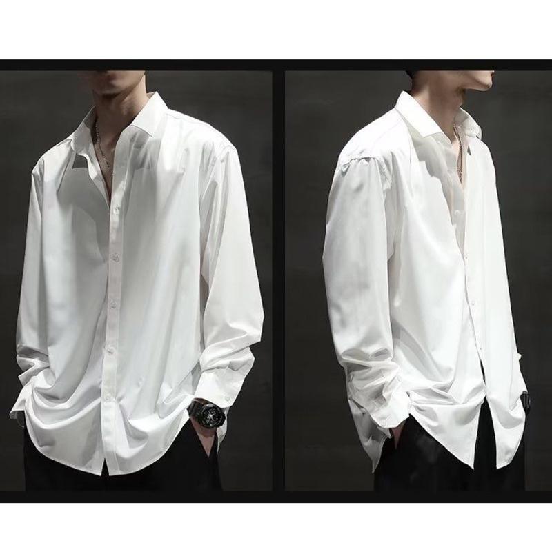 Свободная мужская рубашка большого размера. Удобная универсальная простая повседневная белая однотонная рубашка с длинным рукавом. Мужская корейская деловая рубашка с мягким верхом.