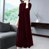 Women's Long Black Velvet Skirt Dress with Gold Accents, Slim Fit, Long Sleeve, Buttoned Pullover - 2023 Autumn/Winter Collection