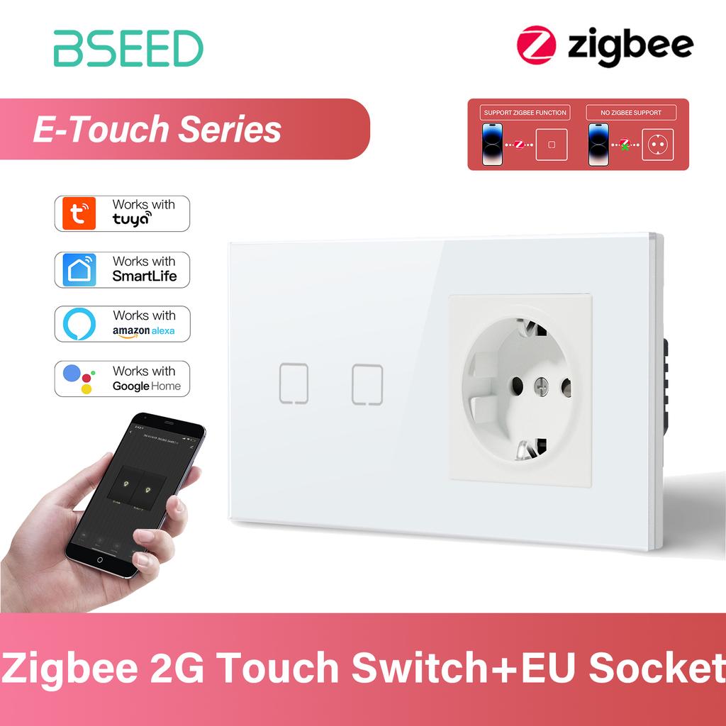 BSEED 1/2/3/4-клавишный сенсорный выключатель Zigbee, стекло с розетками EU, умный настенный выключатель света, сенсорный экран, подсветка, серия E