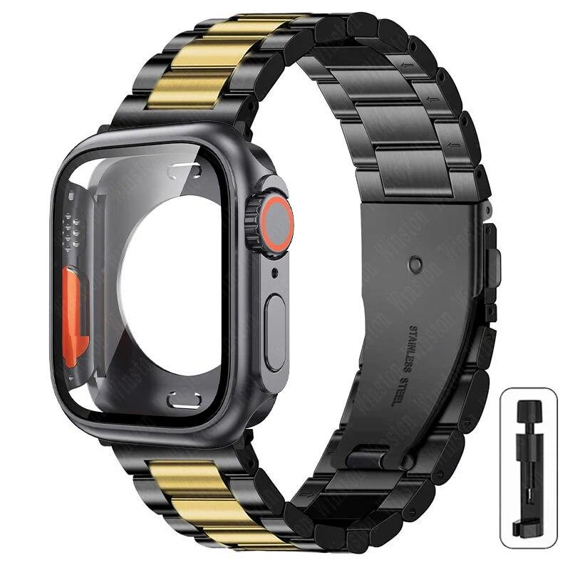 Ремешок+корпус из нержавеющей стали для Apple Watch 44мм 45мм 41мм 40мм Улучшенный ТПУ корпус Iwatch Series 9 8 7 6 SE 5 4 Металлический браслет