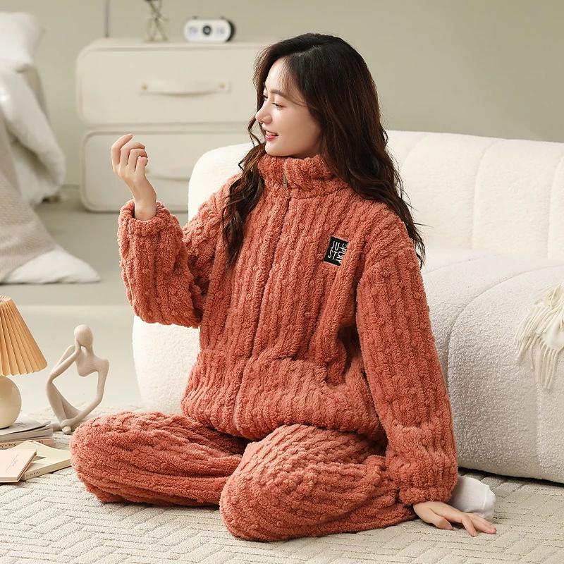 Winter Thick Flannel Pajamas for Women Woman Solid Soft Sleepwear Warm Velvet Cardigan Homewear Girl Nightwear