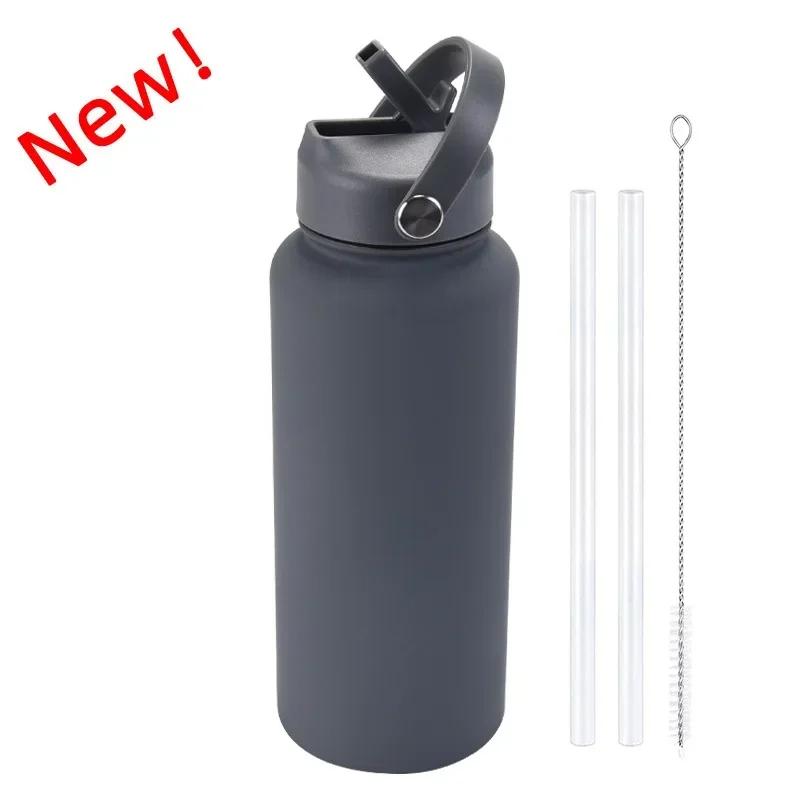 1L Sports WATER BOTTLE With Handle And Straw Stainless Steel Large Capacity Vacuum Flasks Drinkware Large Mouth GymThermos CUP