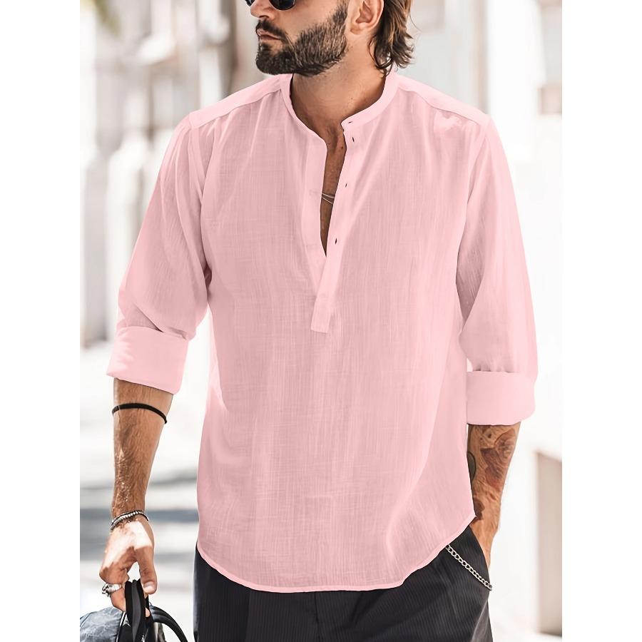 Men Henry Shirt Men's Casual Thin Cotton Linen Shirt White Black Khaki Stand Up Collar Straight Solid Color Long Sleeve Top