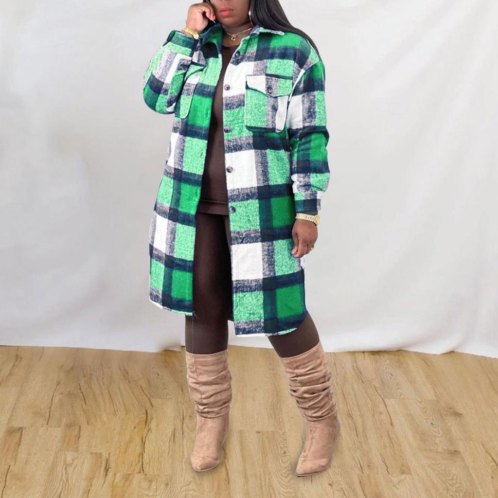 Женская мода клетчатая рубашка с лацканами клетчатое твидовое пальто с длинным рукавом