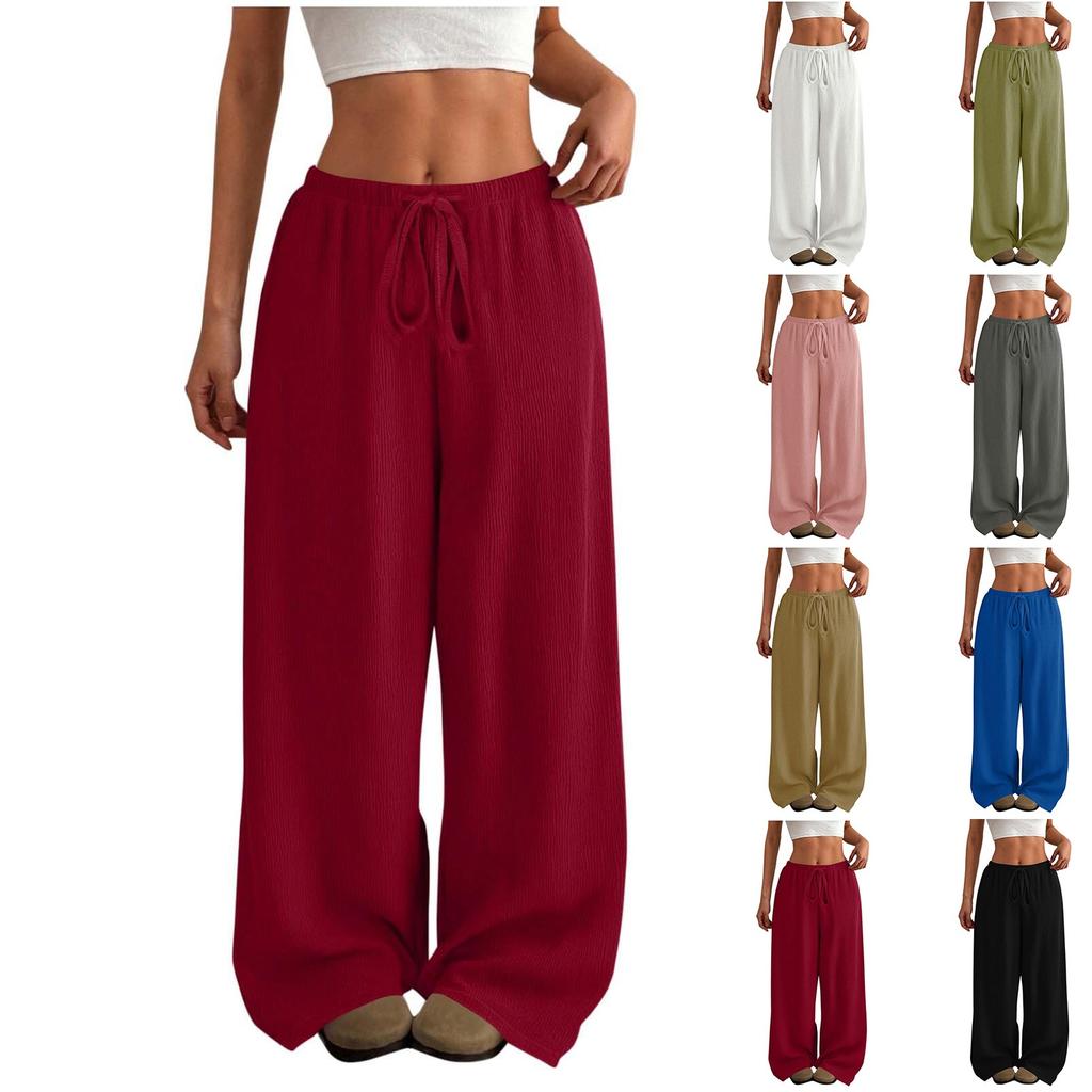 Women's High Waist Adjustable Knot Flowy Cotton And Linen Trousers Wide Leg Pants