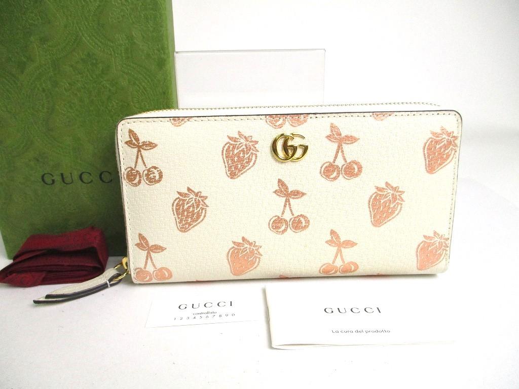 Authentic GUCCI Marmont GG Cherry Strawberry White Leather Round Zip Wallet #a441 Open box
