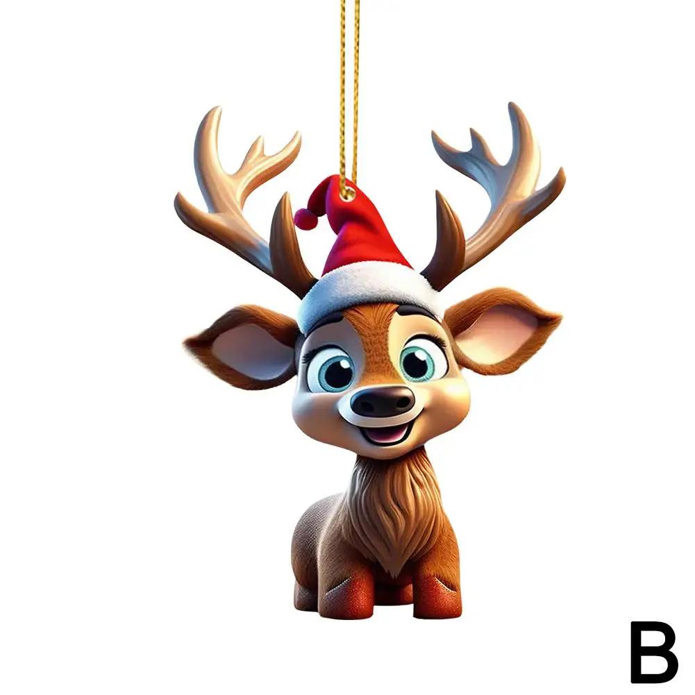 2D Acrylic Cartoon Fawn Christmas Tree Pendant Christmas Cute Christmas Easter Fawn Cartoon Decorations Hat Print Z8U6
