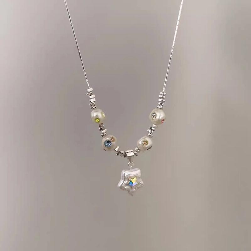 Aesthetic Colorful Rhinestone Star Pendant Silver Color Pearl Necklace for Women Beaded Neck Chain Jewelry Accessories
