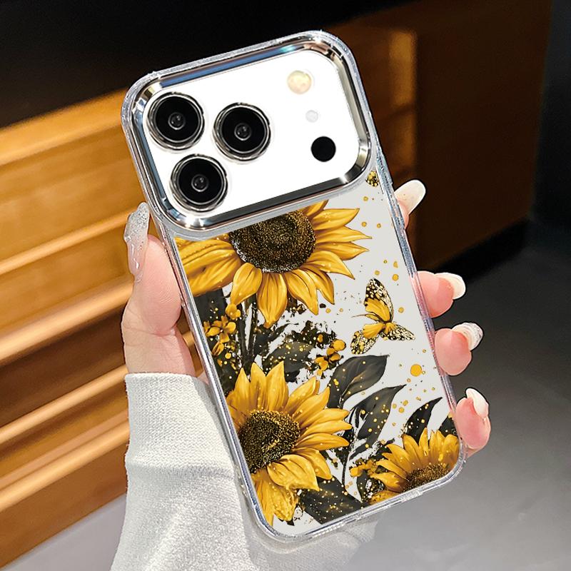 Чехол с цветочным узором подсолнуха для iPhone 17 Pro Max iPhone 16 15 14 13 Pro Max 11 17e 16e Покрытие Рамка для объектива Прозрачная Мягкая Силиконовая Задняя крышка