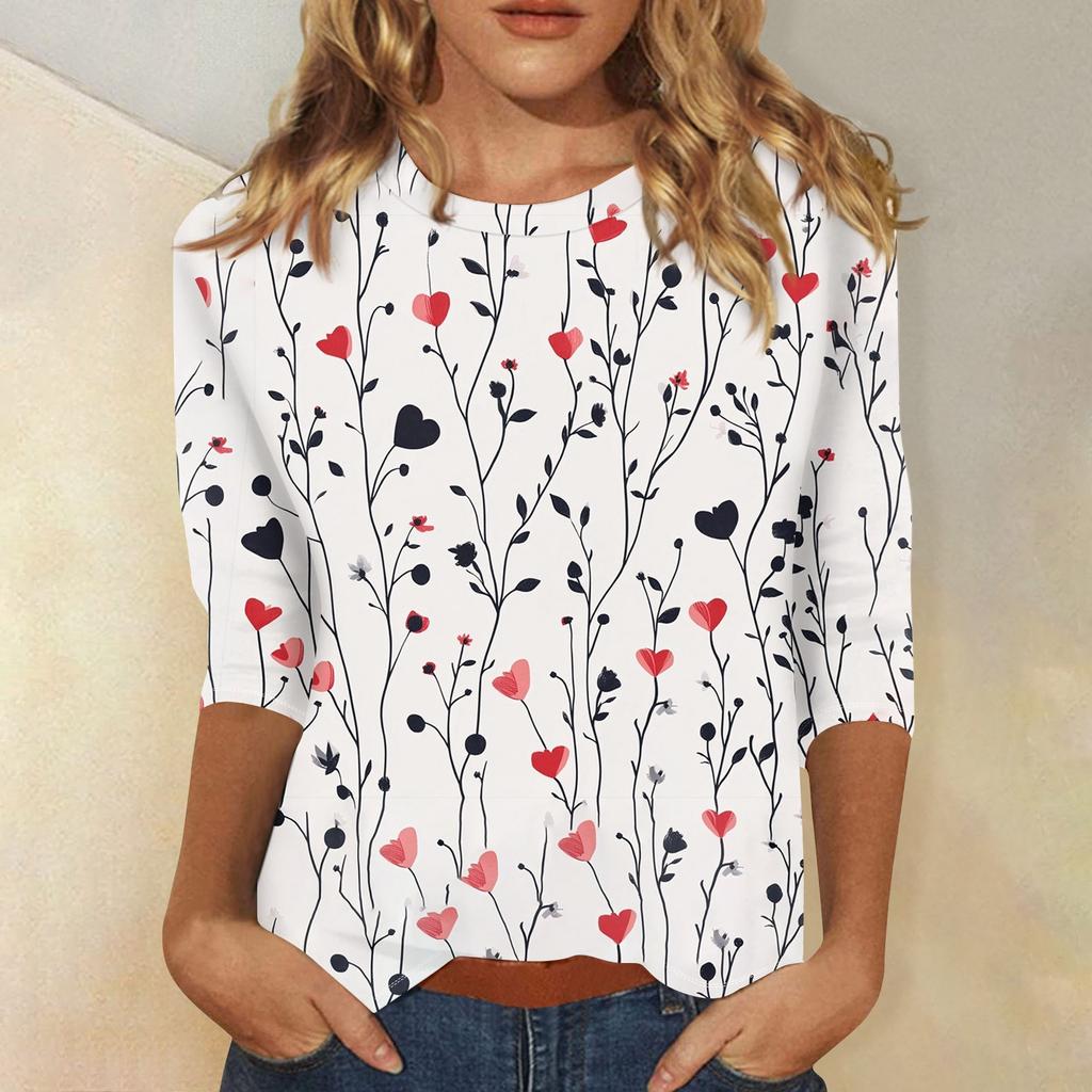 Женская повседневная свободная футболка с круглым вырезом и принтом ко Дню святого Валентина с рукавами три четверти