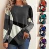 Women Tops Round Neck Long Sleeve Contrast Color Geometric Print Loose Fit Tee Shirt Casual Pullover Tops
