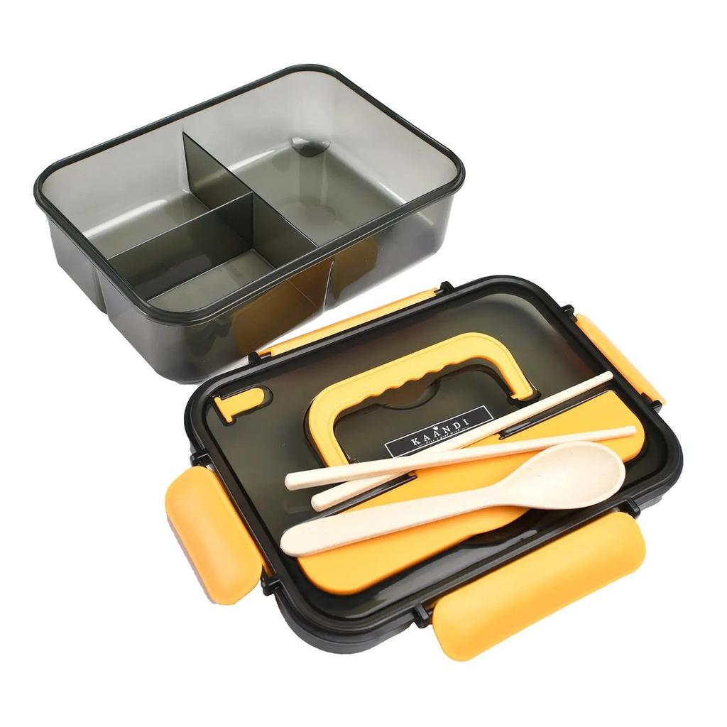 Ланч-бокс одноуровневый Supretto на 3 отсека с ложкой и палочками для еды (8382)