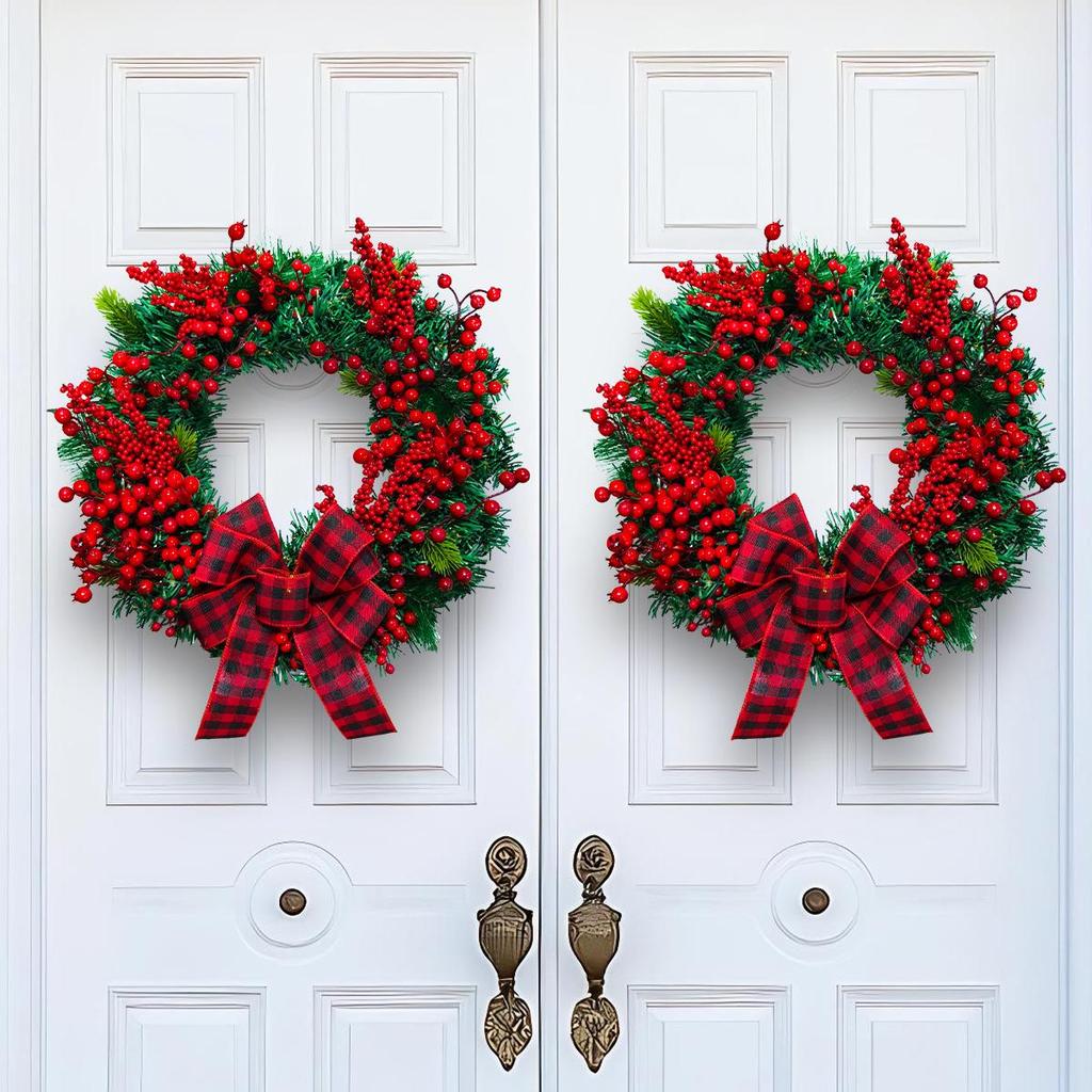 Cross-border Red & Black Plaid Christmas Wreath with Bow & Artificial Berries - Country Style Door Decor