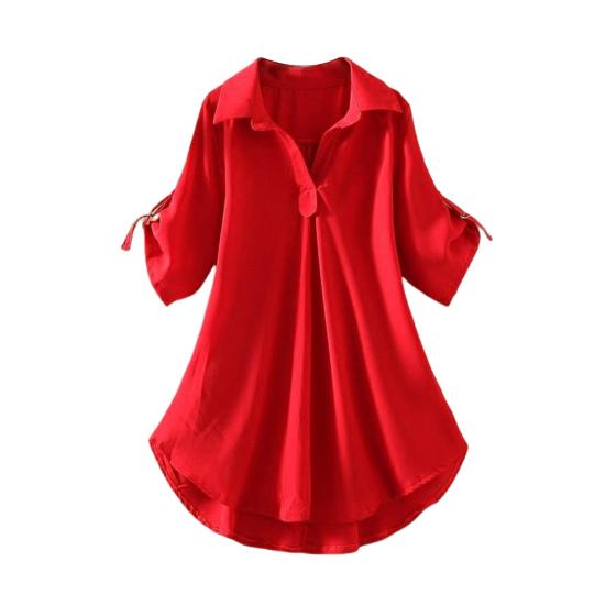 Женская рубашка с лацканами и половиной рукава, повседневные топы средней длины, сплошной цвет с талией, обтягивающая свободная шифоновая блузка, повседневная одежда