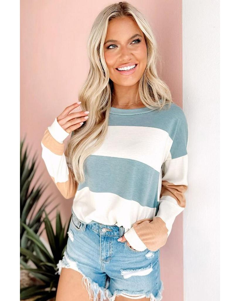 Azura Exchange Светло-голубой полосатый топ с заниженной линией плеч и длинными рукавами в цветочных блоках