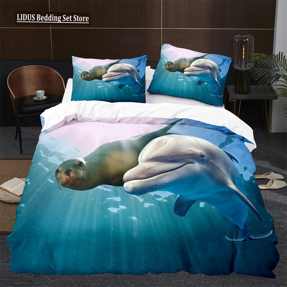 Пододеяльник Морской лев размера кинг/квин, милый комплект постельного белья с морскими животными для детей, мальчиков, девочек, синий, море, пляж, полиэстер, чехол для одеяла