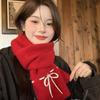 Korean Style Red Bow Woolen Scarf for Women In Autumn and Winter Thickened Warm Neck Protection Knitted Shawl Scarf Winter