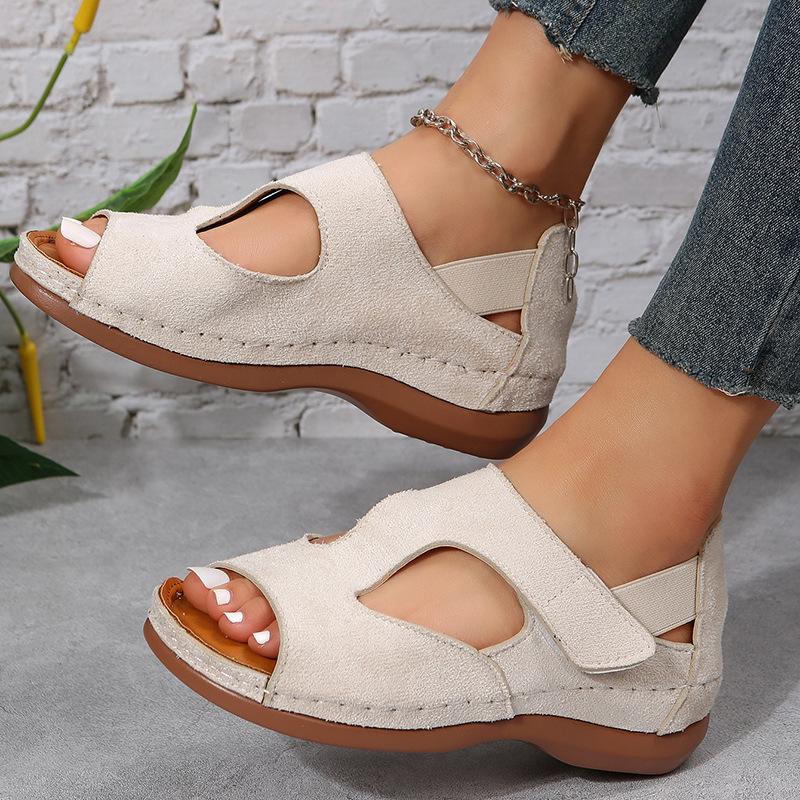 Летние сандалии, женская обувь, сандалии на плоской танкетке «рыбий рот», повседневные сандалии на липучке с открытым носком